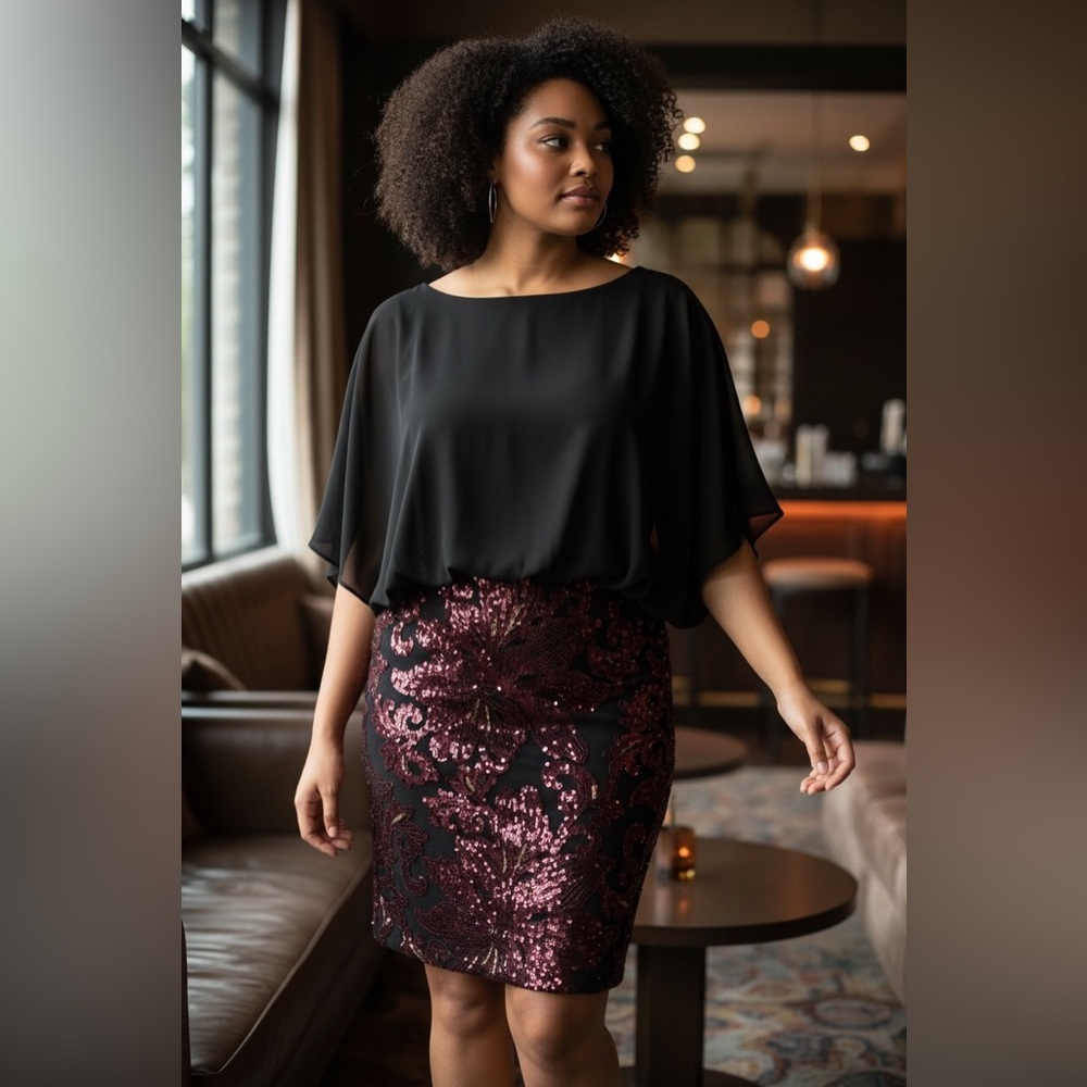 Alexia Admor 💋👠Black and Burgundy Sequin Midi Dress